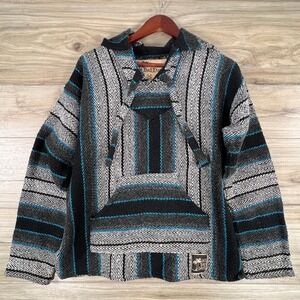 No Bad Days Baja Hoodie Mexican Blanket Pullover Blue Black Grey M